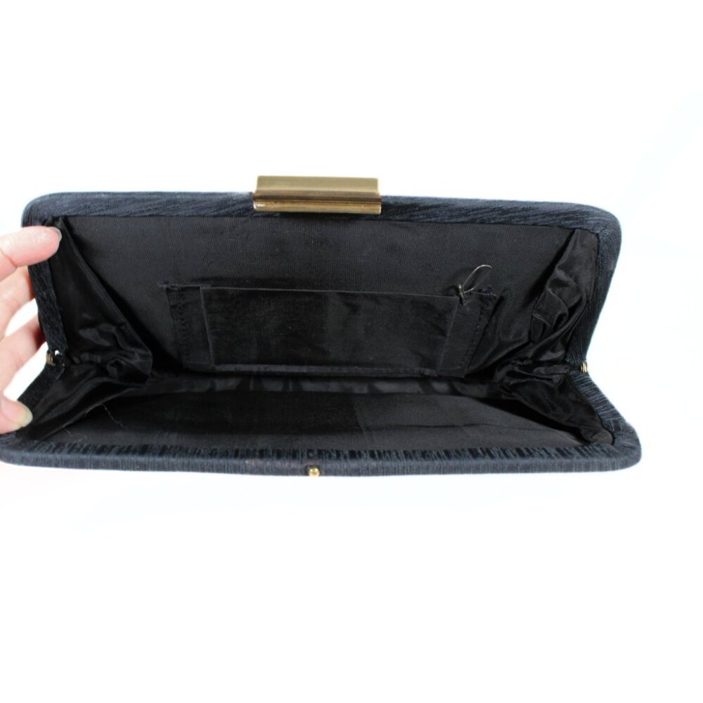 Vintage 1960s Navy Slubbed Linen Clutch Gold Lever Closure Textured Fabric - Picture 7 of 11